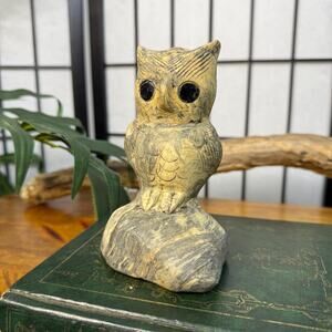 Vintage Owl Figurine Carved Oyster Shell Sculpture Avian Wildlife Decor